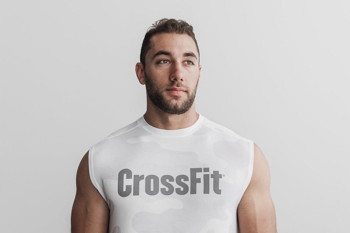 Nobull Crossfit® Sleeveless Men\'s T Shirts White Camo | Australia (NP2951)